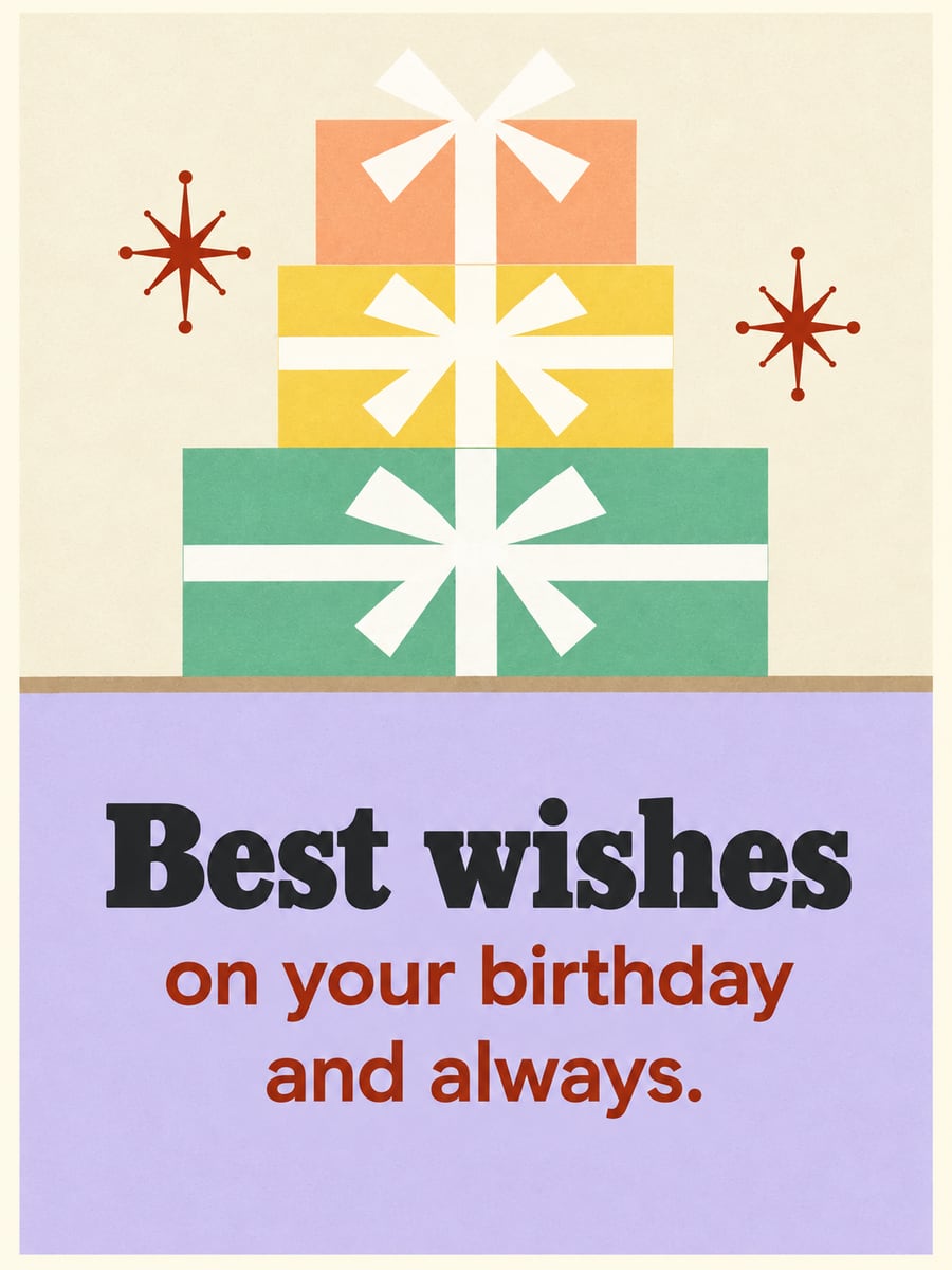 Birthday greeting image: stack of three retro gift boxes in mint, yellow and peach. It says “Best wishes” and “on your birthday and always.”