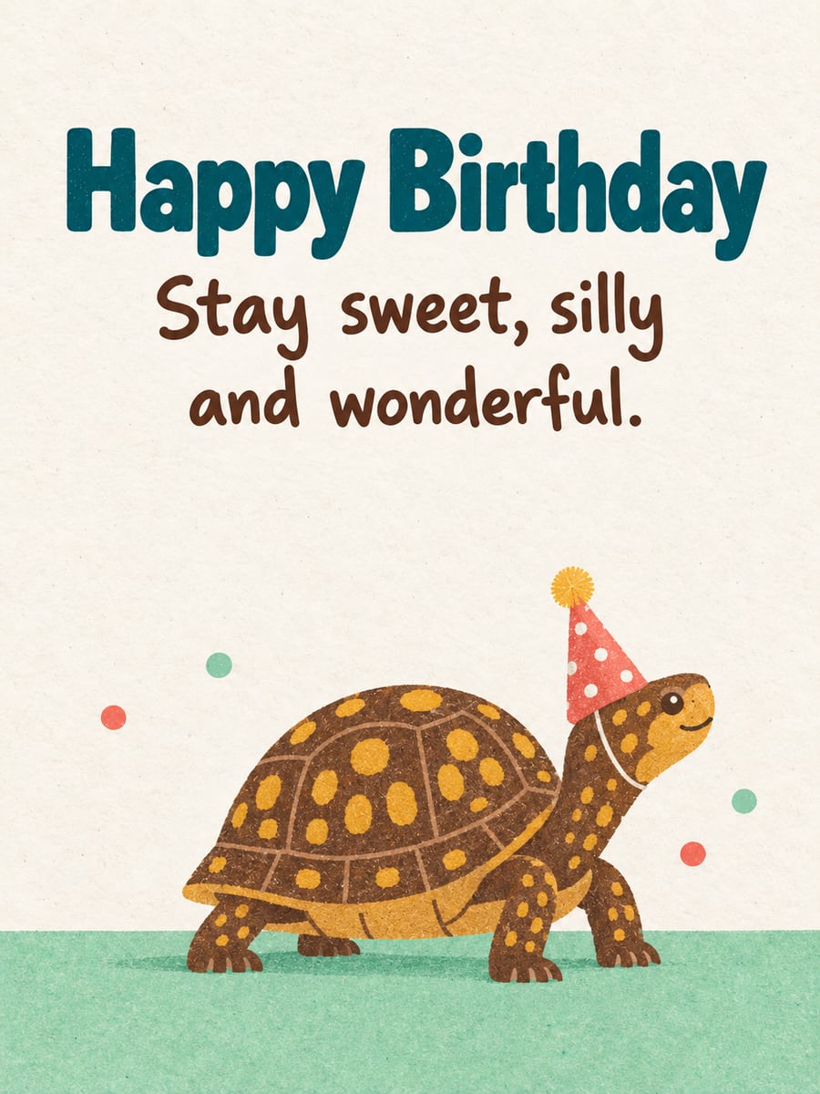 Birthday greeting image: box turtle in a coral polka dot party hat. It says “Happy Birthday” and “Stay sweet, silly and wonderful.”