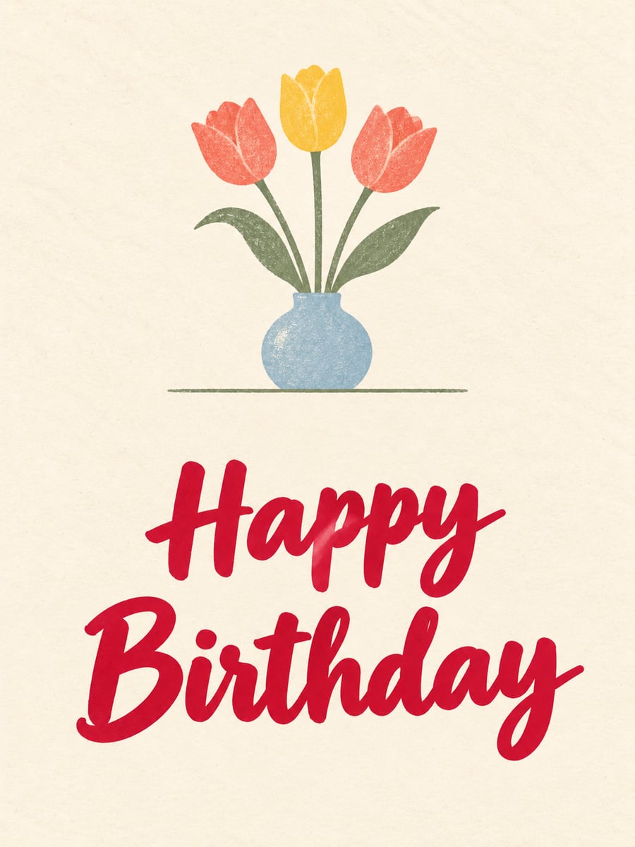 Birthday greeting image: coral and yellow tulips in a pale blue vase. It says “Happy Birthday”