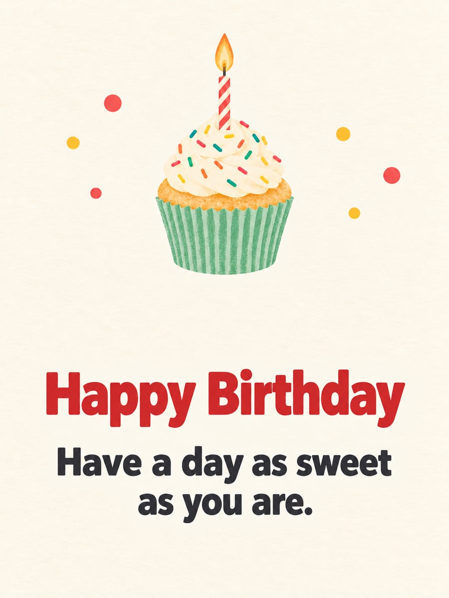 Birthday greeting image: cupcake with sprinkles and one lit striped candle, confetti dots. It says “Happy Birthday” and “Have a day as sweet as you are.”