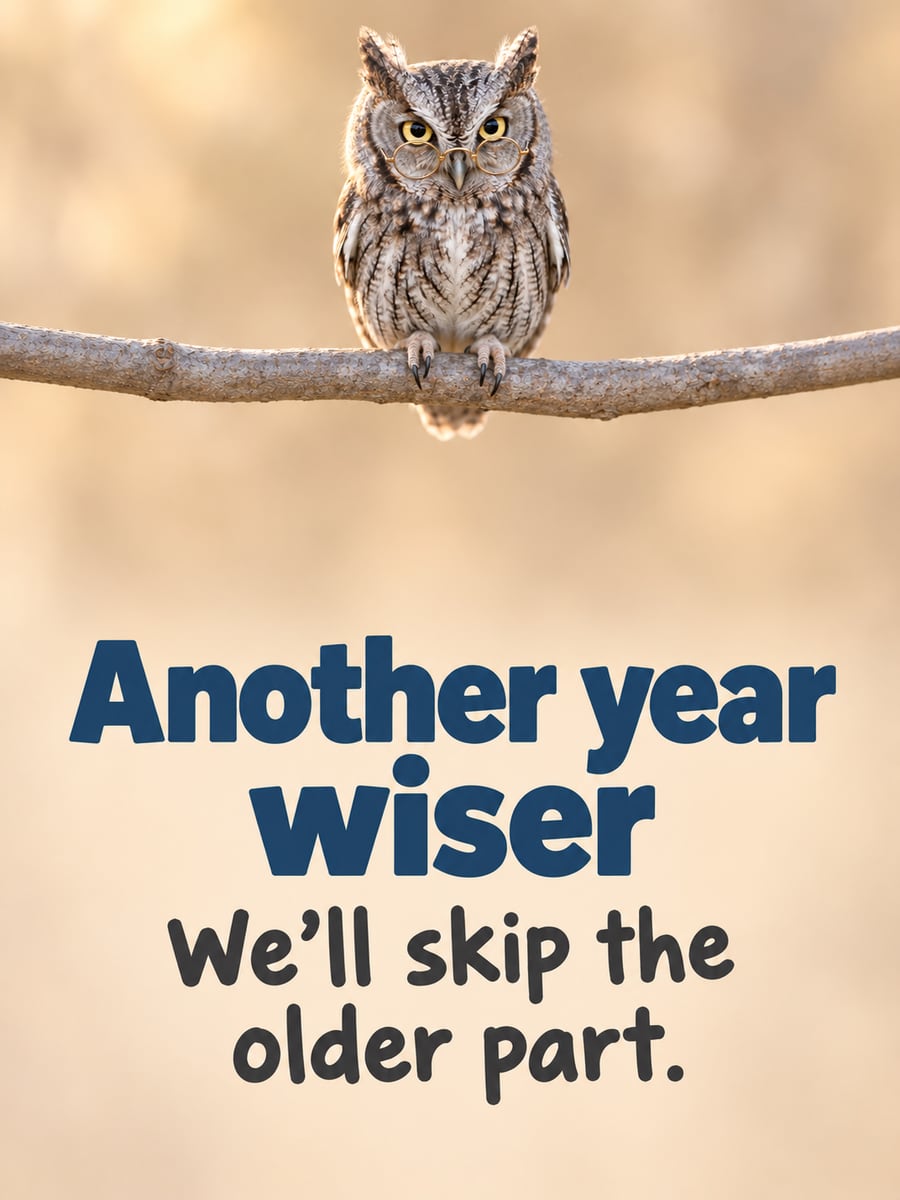 Birthday greeting image: gray screech owl in tiny round glasses on a branch. It says “Another year wiser” and “We’ll skip the older part.”