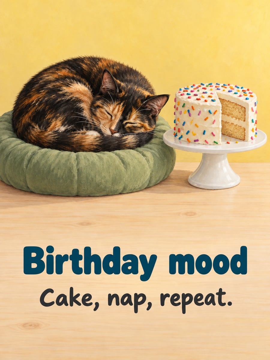 Birthday greeting image: tortoiseshell cat asleep on a cushion, sprinkle cake with a slice missing. It says “Birthday mood” and “Cake, nap, repeat.”
