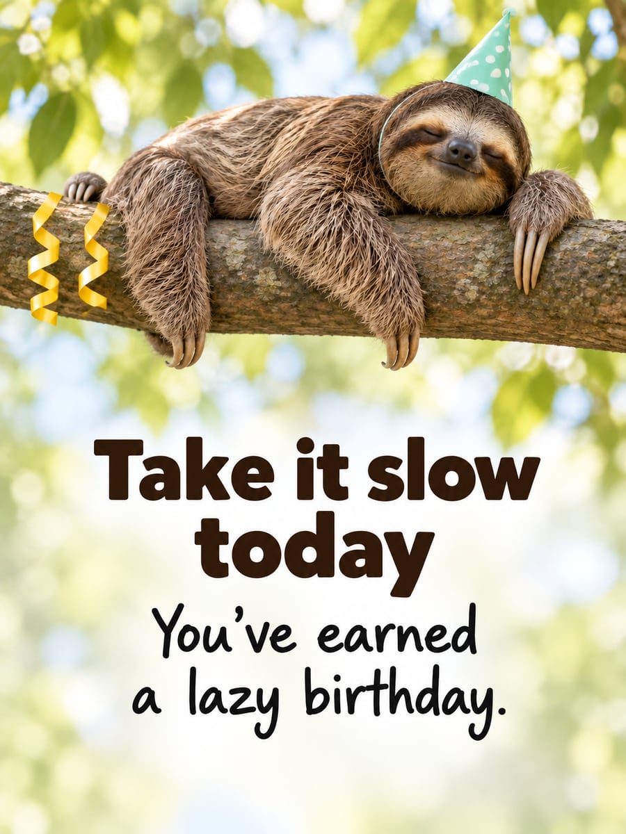 Birthday greeting image: three-toed sloth in a party hat dozing on a branch, yellow streamers. It says “Take it slow today” and “You’ve earned a lazy birthday.”