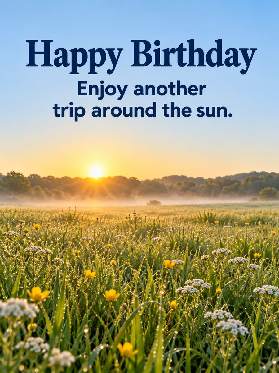 Birthday greeting image: sunrise over a misty meadow, wildflowers. It says “Happy Birthday” and “Enjoy another trip around the sun.”