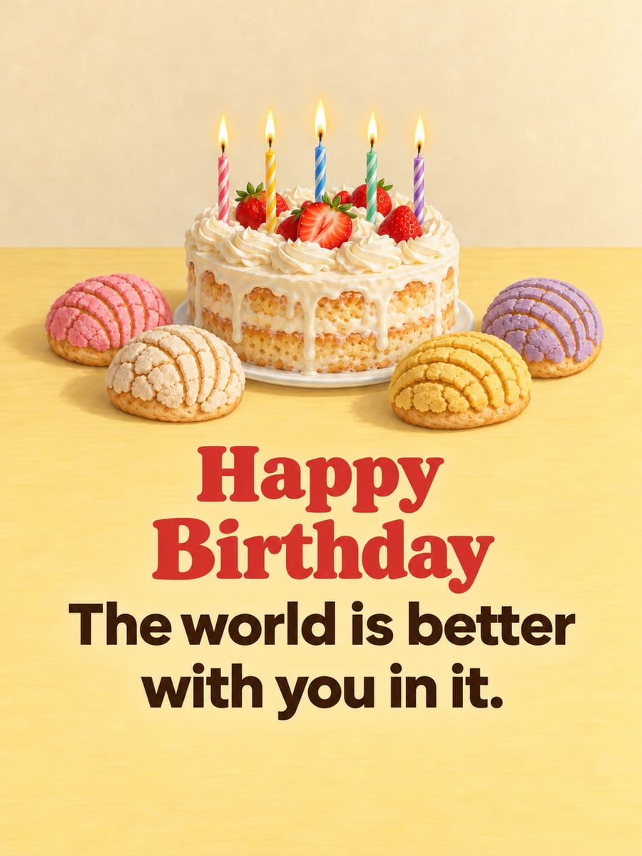 Birthday greeting image: tres leches cake with strawberries and five lit candles, four pastel conchas. It says “Happy Birthday” and “The world is better with you in it.”