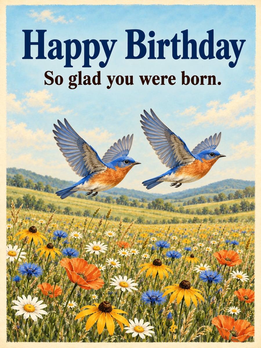 Birthday greeting image: two eastern bluebirds flying over a wildflower meadow. It says “Happy Birthday” and “So glad you were born.”