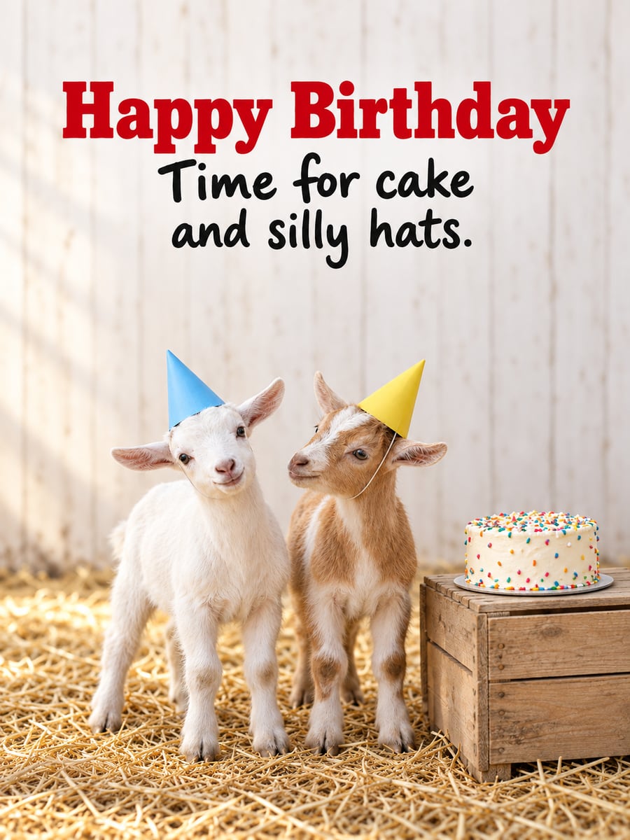 Birthday greeting image: white goat kid and tan and white goat kid in paper party hats, sprinkle cake on a wooden crate. It says “Happy Birthday” and “Time for cake and silly hats.”