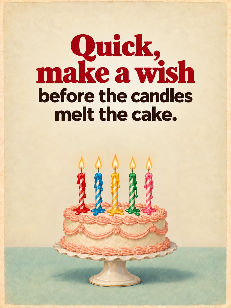 Birthday greeting image: vintage cake with dripping lit candles on a cake stand. It says “Quick, make a wish” and “before the candles melt the cake.”