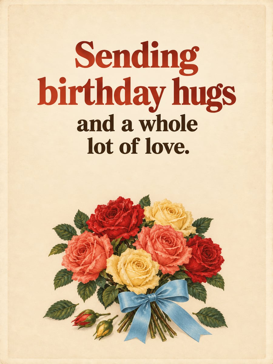 Birthday greeting image: vintage posy of red, coral and yellow roses with a blue bow. It says “Sending birthday hugs” and “and a whole lot of love.”
