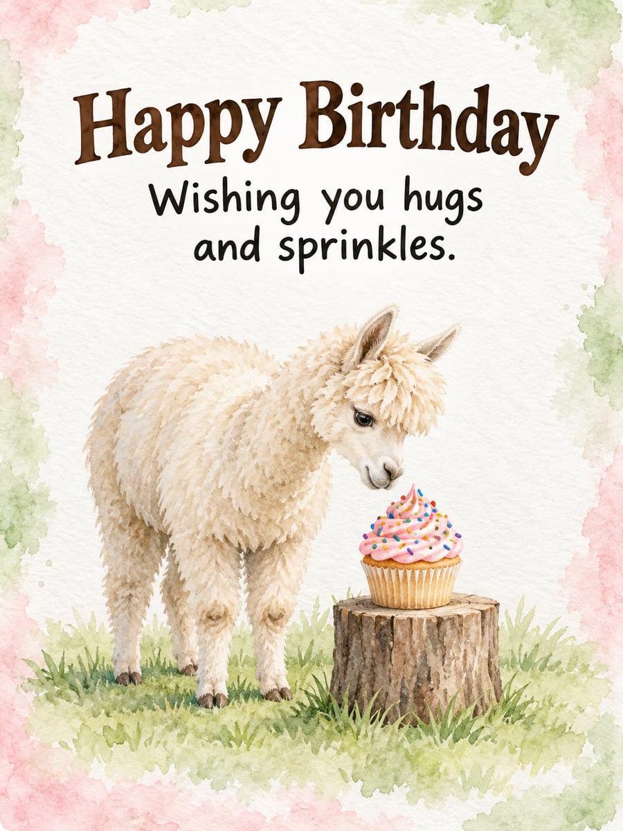 Birthday greeting image: cream-white alpaca looking at a cupcake on a tree stump. It says “Happy Birthday” and “Wishing you hugs and sprinkles.”