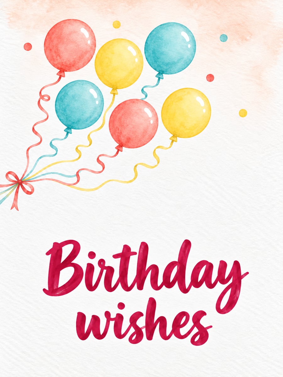 Birthday greeting image: watercolor balloons with curling ribbons. It says “Birthday wishes”