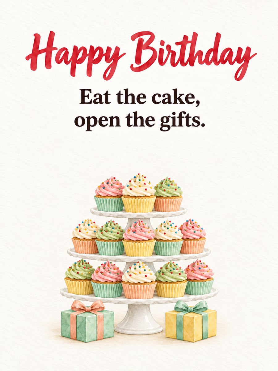 Birthday greeting image: three-tier stand of frosted cupcakes, two small gifts. It says “Happy Birthday” and “Eat the cake, open the gifts.”