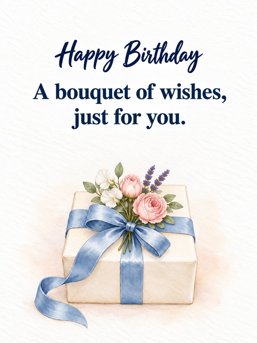 Birthday greeting image: cream gift box with a blue ribbon, roses, sweet peas and lavender. It says “Happy Birthday” and “A bouquet of wishes, just for you.”