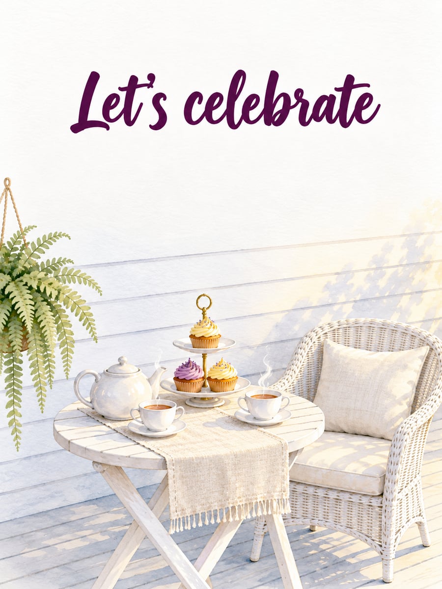 Birthday greeting image: porch table with a teapot, teacups and cupcakes, wicker chair, fern. It says “Let’s celebrate”