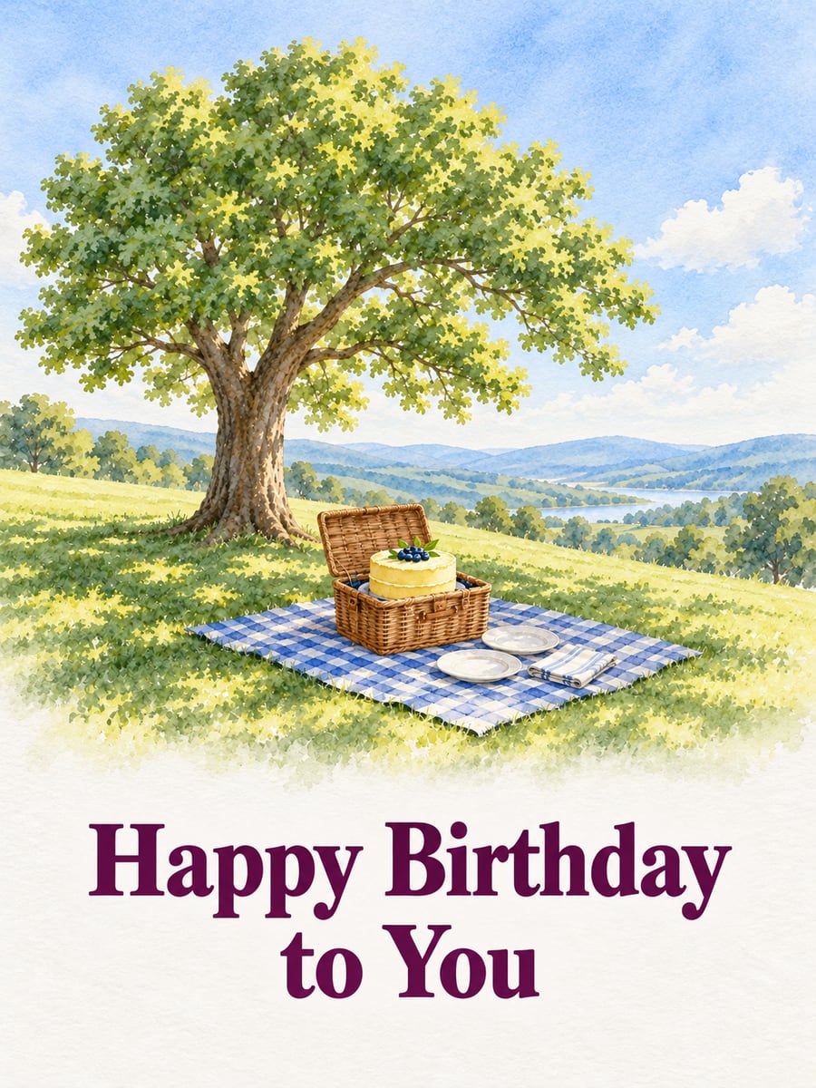 Birthday greeting image: shade tree, picnic basket with a cake on a blue gingham quilt, rolling hills. It says “Happy Birthday to You”