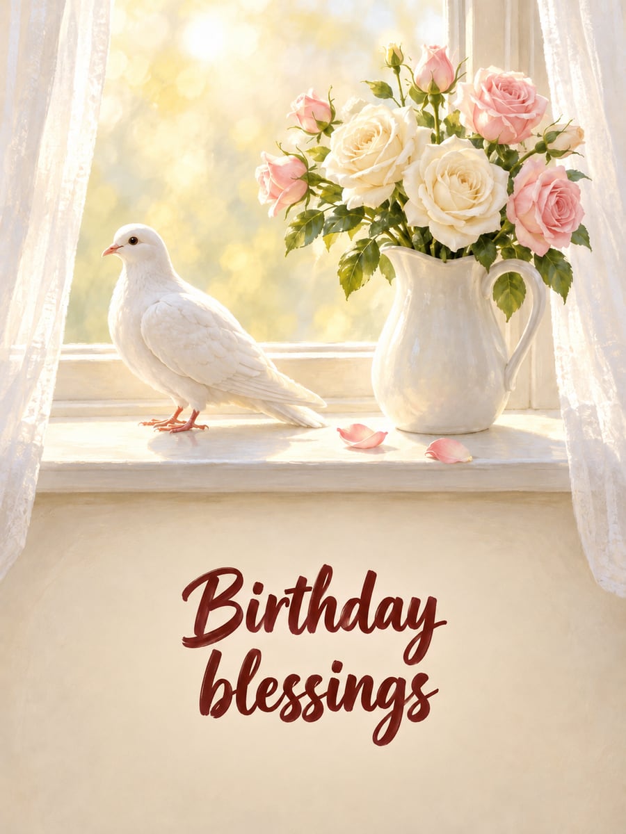 Birthday greeting image: white dove on a sunny windowsill, white and pink roses in a white pitcher. It says “Birthday blessings”