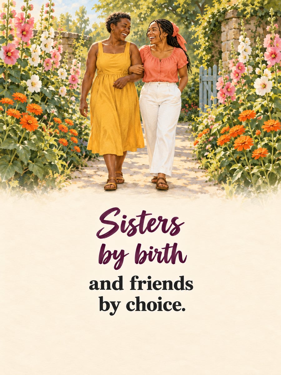 Birthday greeting image: two Black women walking arm in arm, hollyhocks and zinnias along a garden path. It says “Sisters by birth” and “and friends by choice.”