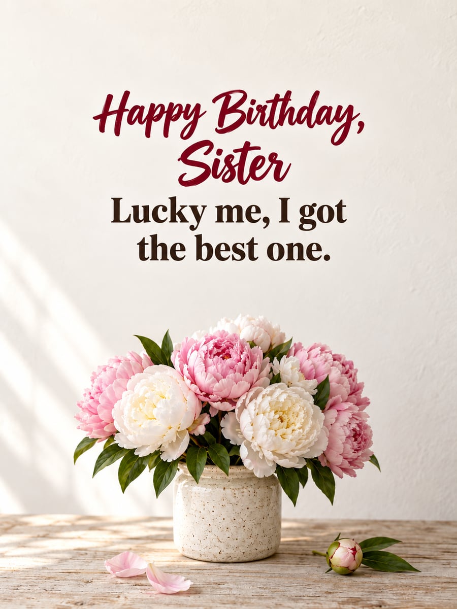 Birthday greeting image: pink and white peonies in a speckled stoneware crock, wooden table. It says “Happy Birthday, Sister” and “Lucky me, I got the best one.”
