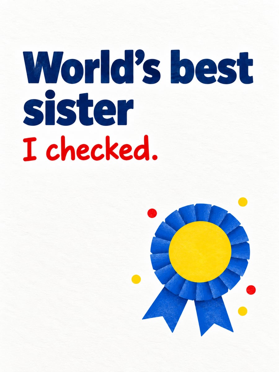 Birthday greeting image: blue prize ribbon rosette, confetti dots. It says “World’s best sister” and “I checked.”
