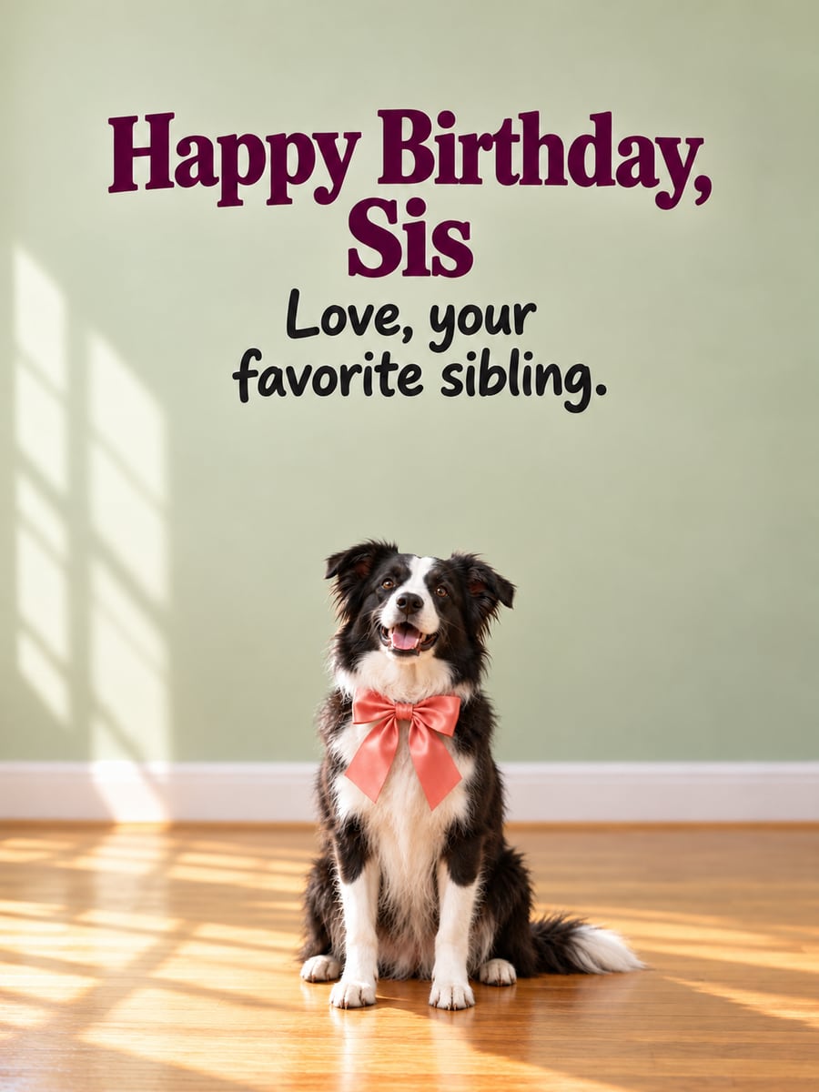 Birthday greeting image: black and white border collie with a big coral bow on its collar. It says “Happy Birthday, Sis” and “Love, your favorite sibling.”