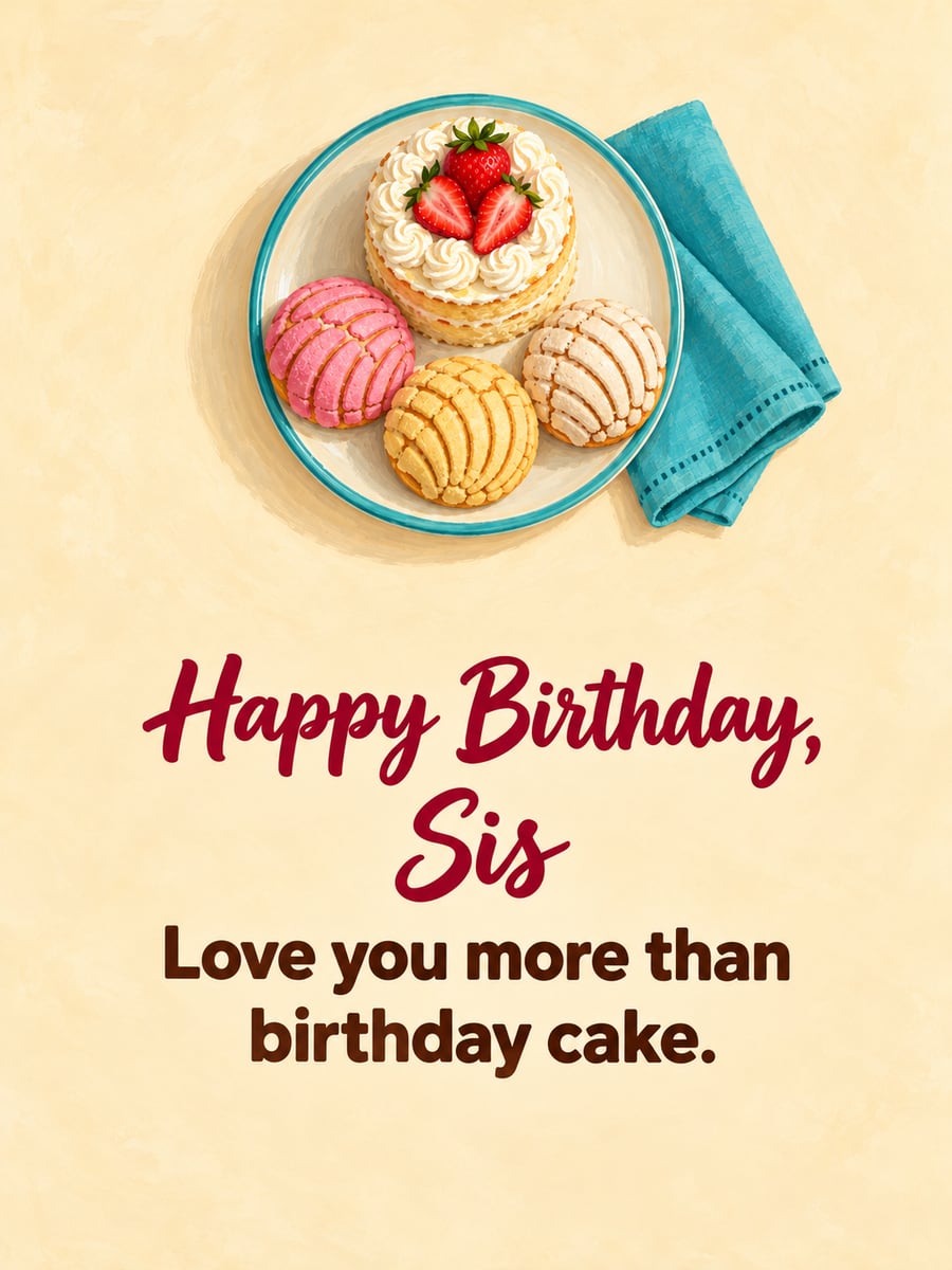Birthday greeting image: small tres leches cake topped with strawberries, three pastel conchas on a plate, teal napkin. It says “Happy Birthday, Sis” and “Love you more than birthday cake.”