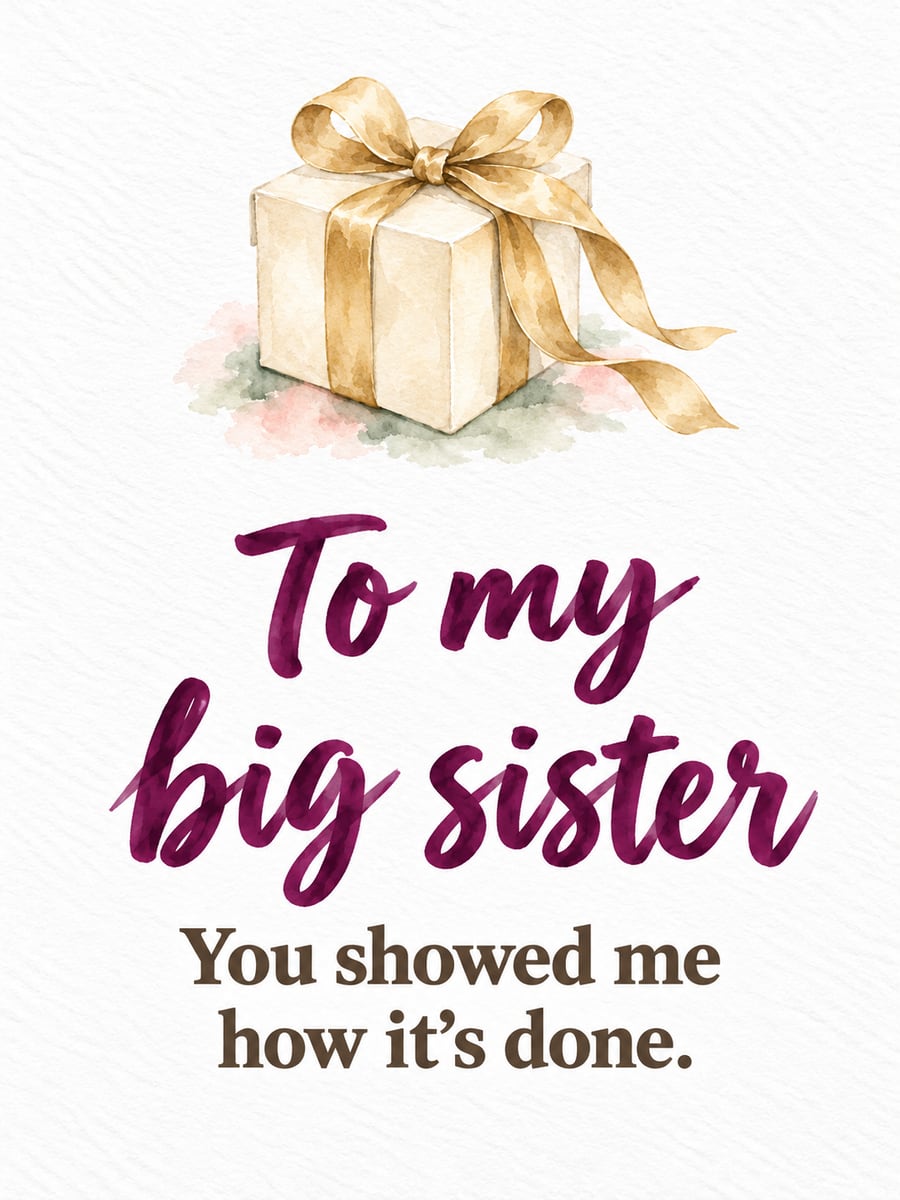 Birthday greeting image: cream gift box with a pale gold silk bow. It says “To my big sister” and “You showed me how it’s done.”
