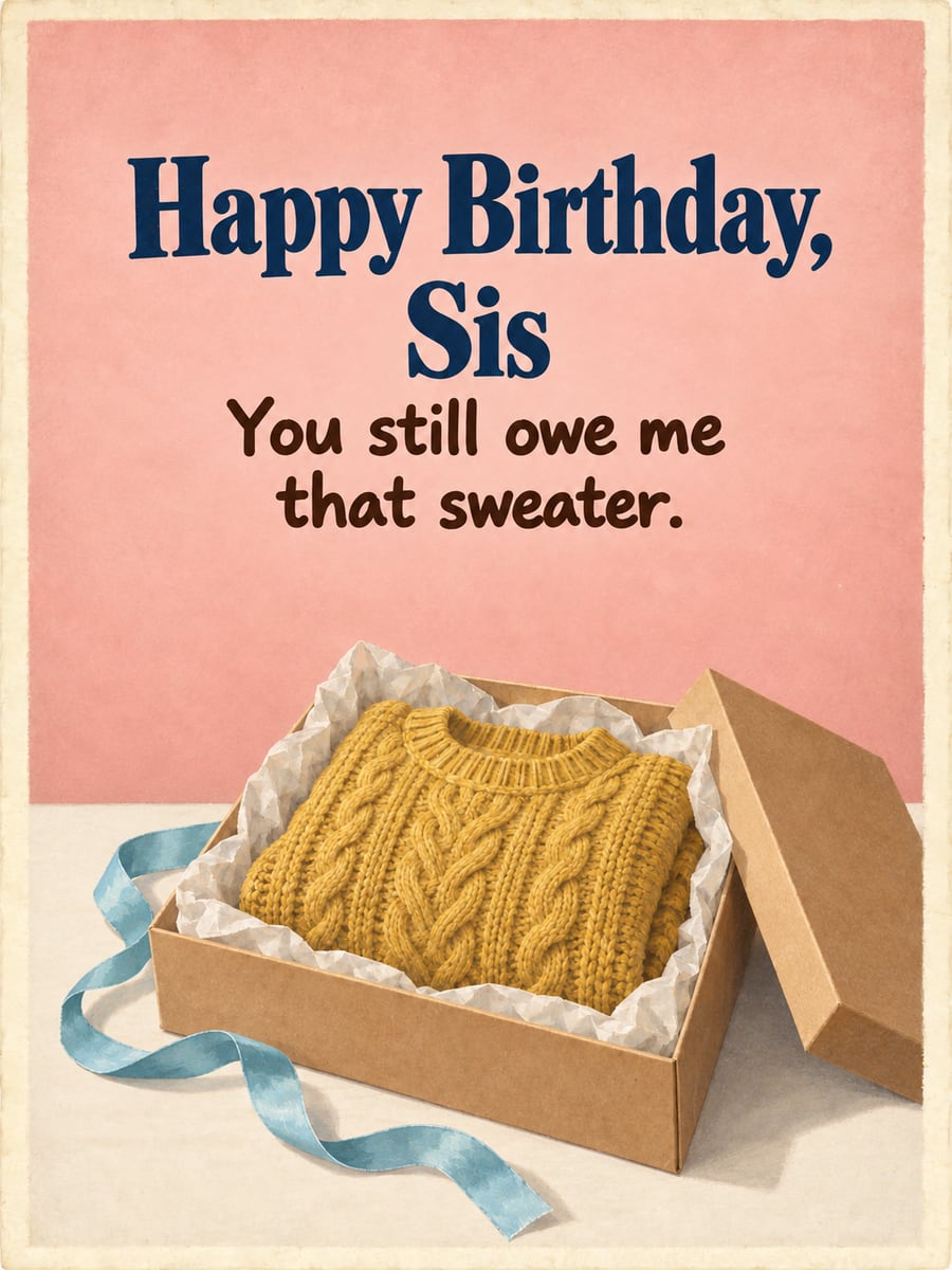 Birthday greeting image: folded mustard cable-knit sweater in an open gift box, blue ribbon. It says “Happy Birthday, Sis” and “You still owe me that sweater.”