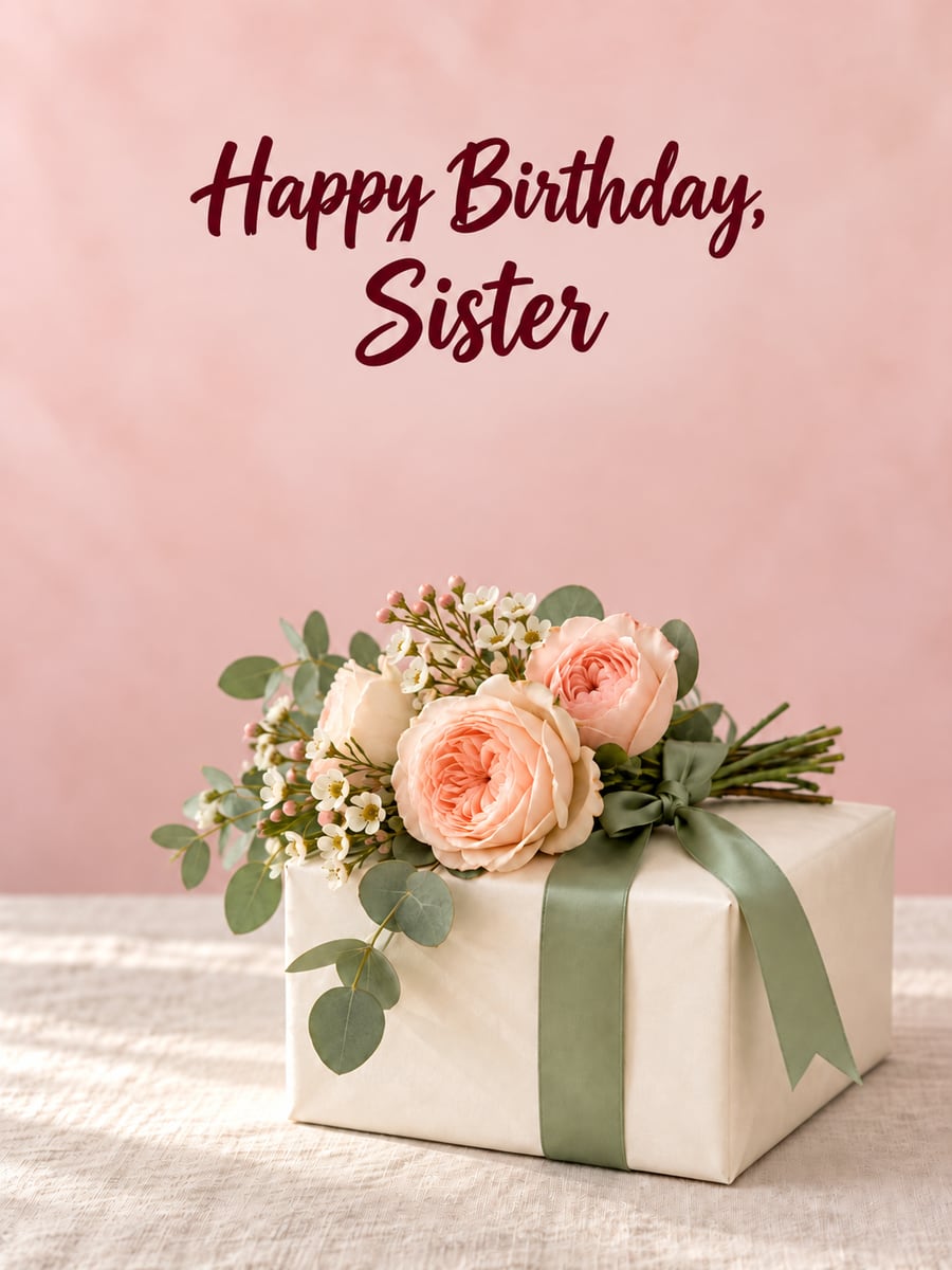 Birthday greeting image: ivory gift box tied with peach roses and eucalyptus. It says “Happy Birthday, Sister”