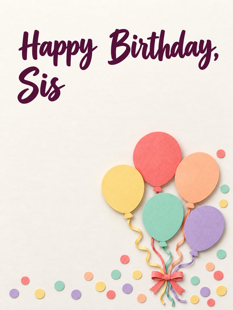 Birthday greeting image: five paper-cut balloons tied with a bow, confetti dots. It says “Happy Birthday, Sis”
