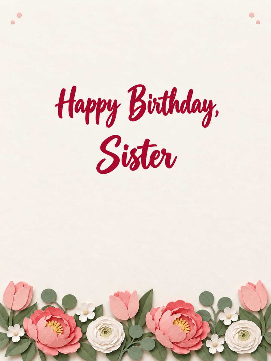 Birthday greeting image: paper-cut border of tulips, peonies and ranunculus. It says “Happy Birthday, Sister”