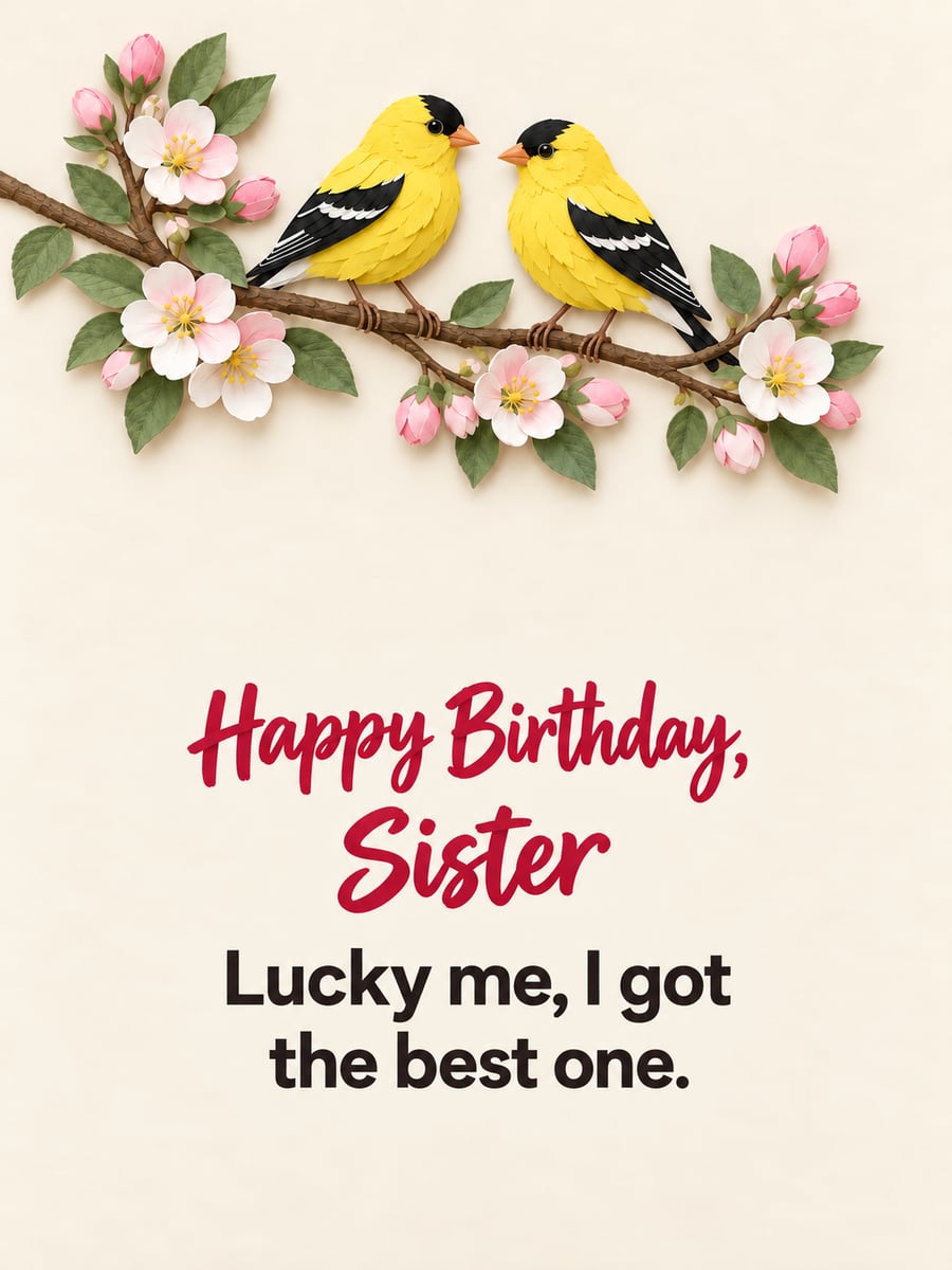 Birthday greeting image: two paper-cut American goldfinches on an apple blossom branch. It says “Happy Birthday, Sister” and “Lucky me, I got the best one.”