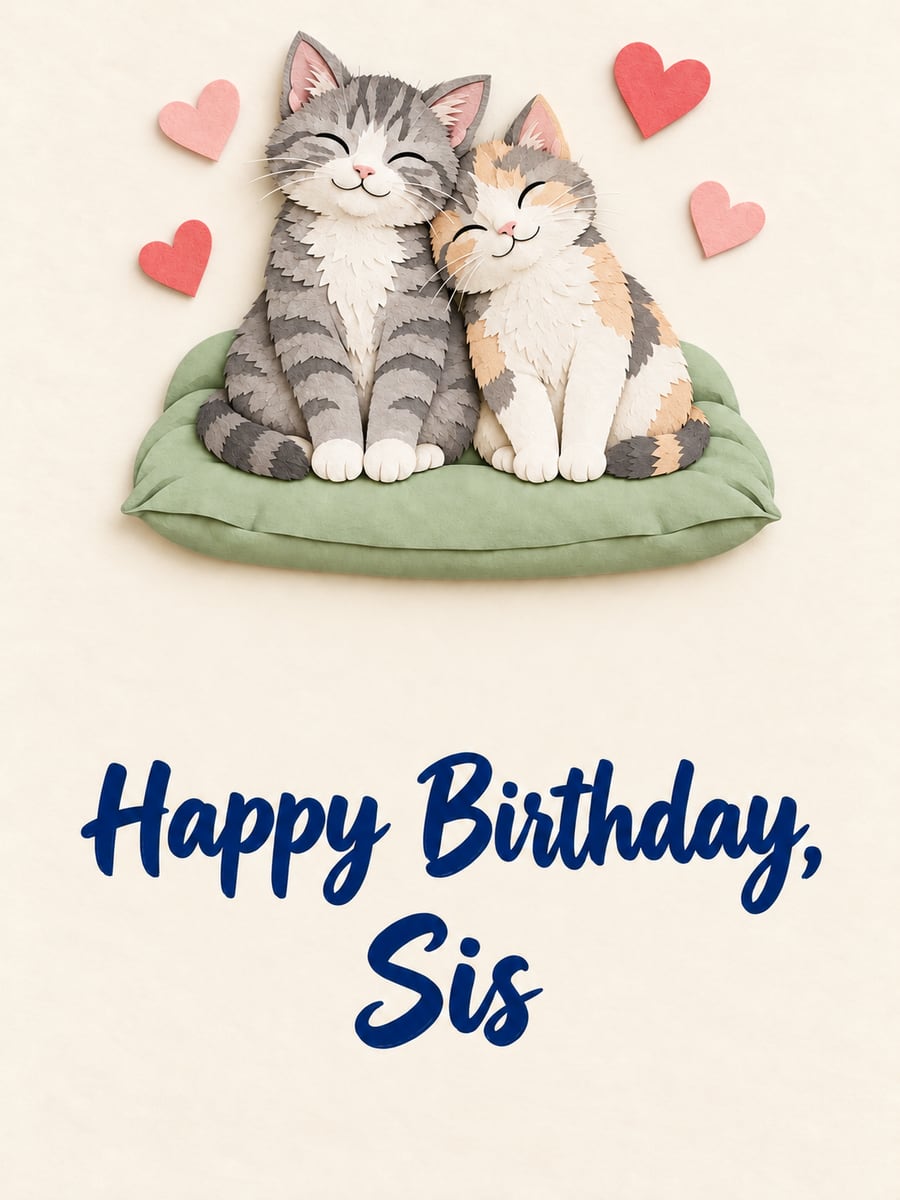 Birthday greeting image: paper-cut gray tabby kitten and calico kitten cuddling on a cushion, paper hearts. It says “Happy Birthday, Sis”