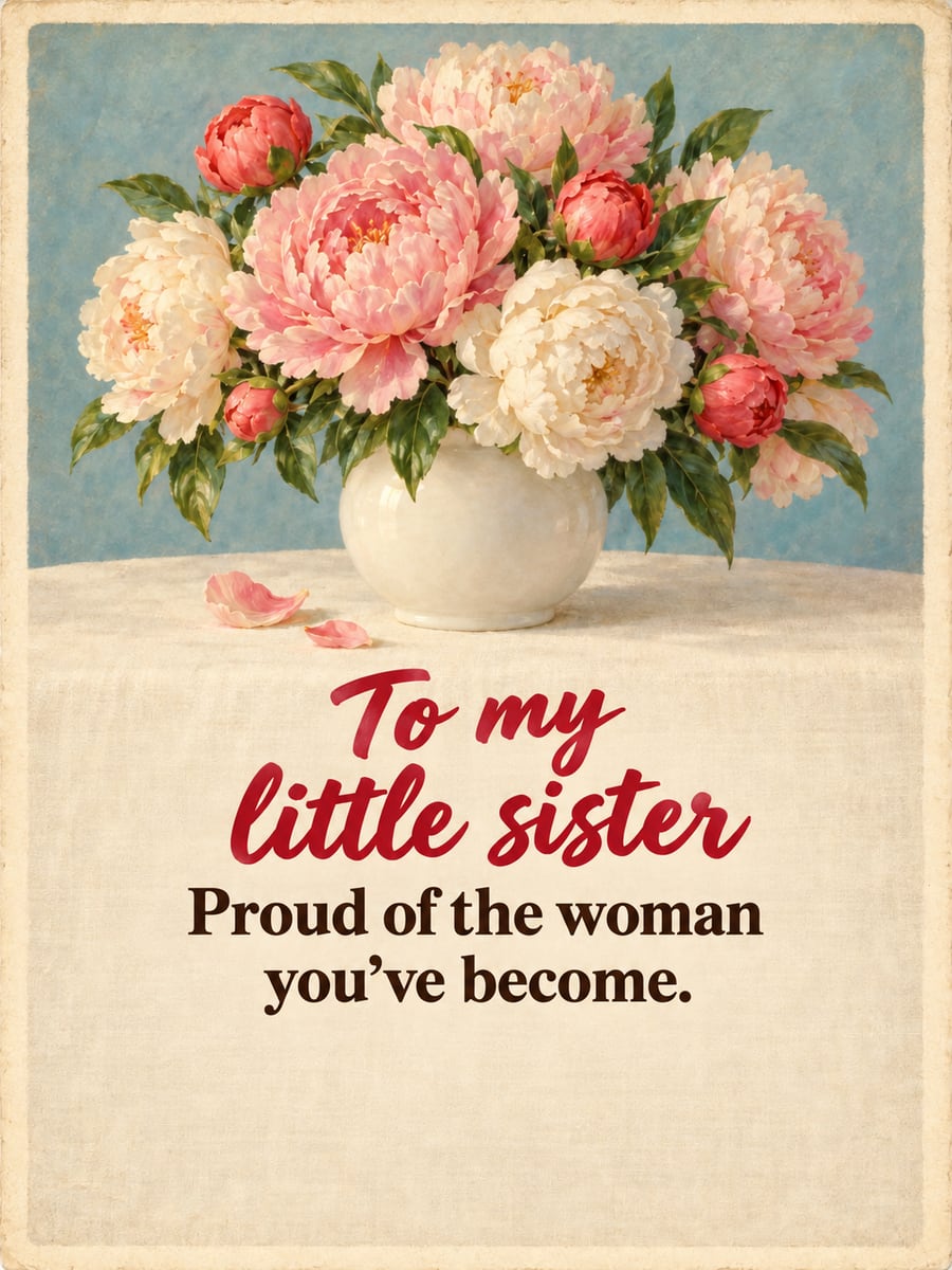 Birthday greeting image: bouquet of pink and cream peonies in a white milk glass vase. It says “To my little sister” and “Proud of the woman you’ve become.”