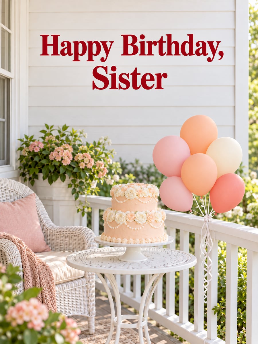 Birthday greeting image: pastel balloons tied to a porch railing, peach layer cake on a bistro table, wicker chair. It says “Happy Birthday, Sister”