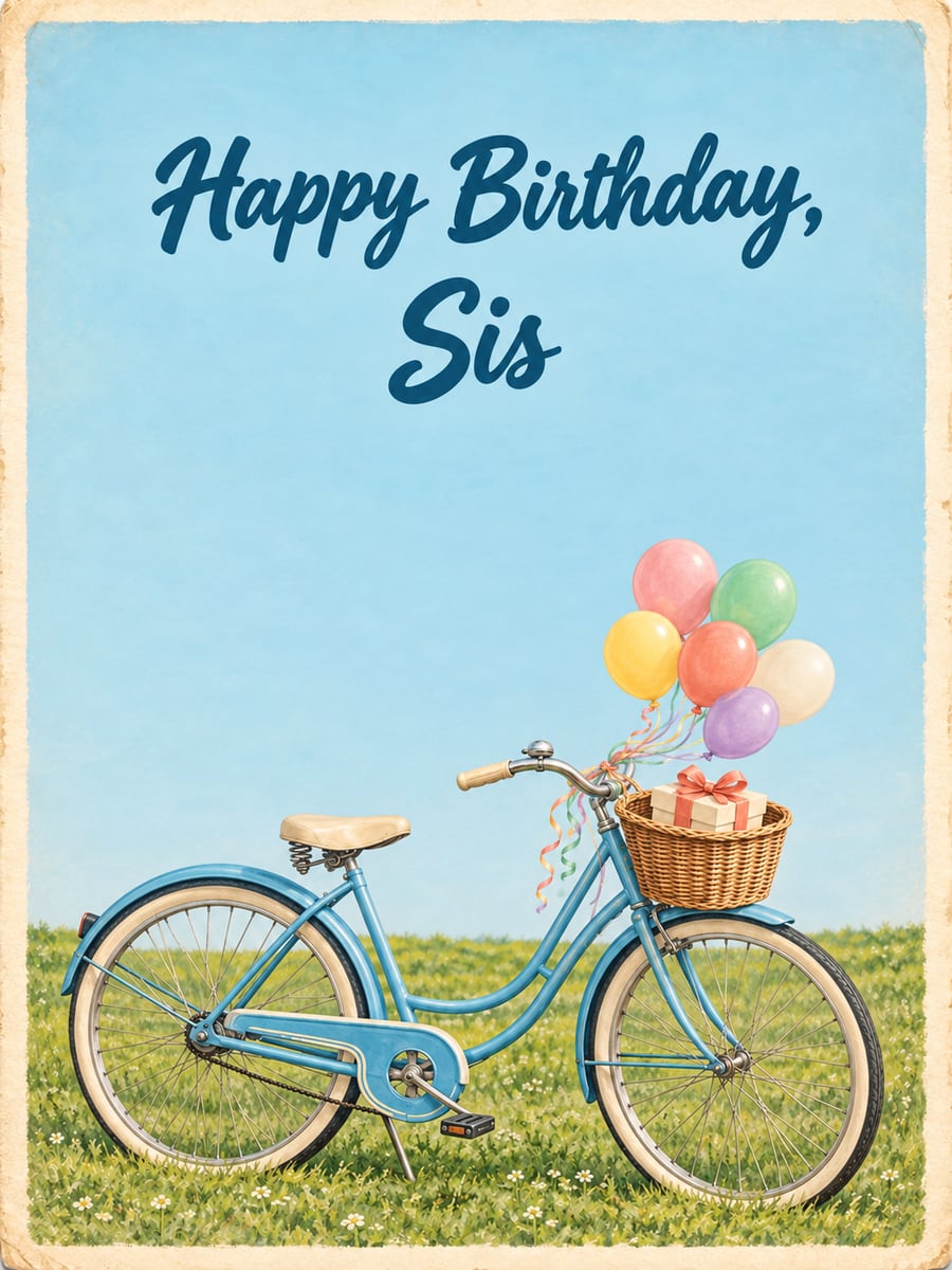 Birthday greeting image: sky blue vintage bicycle with balloons tied to the handlebar, gift in the basket. It says “Happy Birthday, Sis”