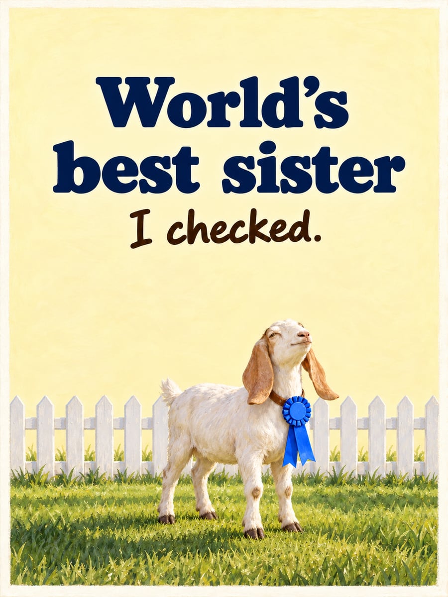 Birthday greeting image: proud white goat with floppy tan ears wearing a blue prize rosette, white picket fence. It says “World’s best sister” and “I checked.”