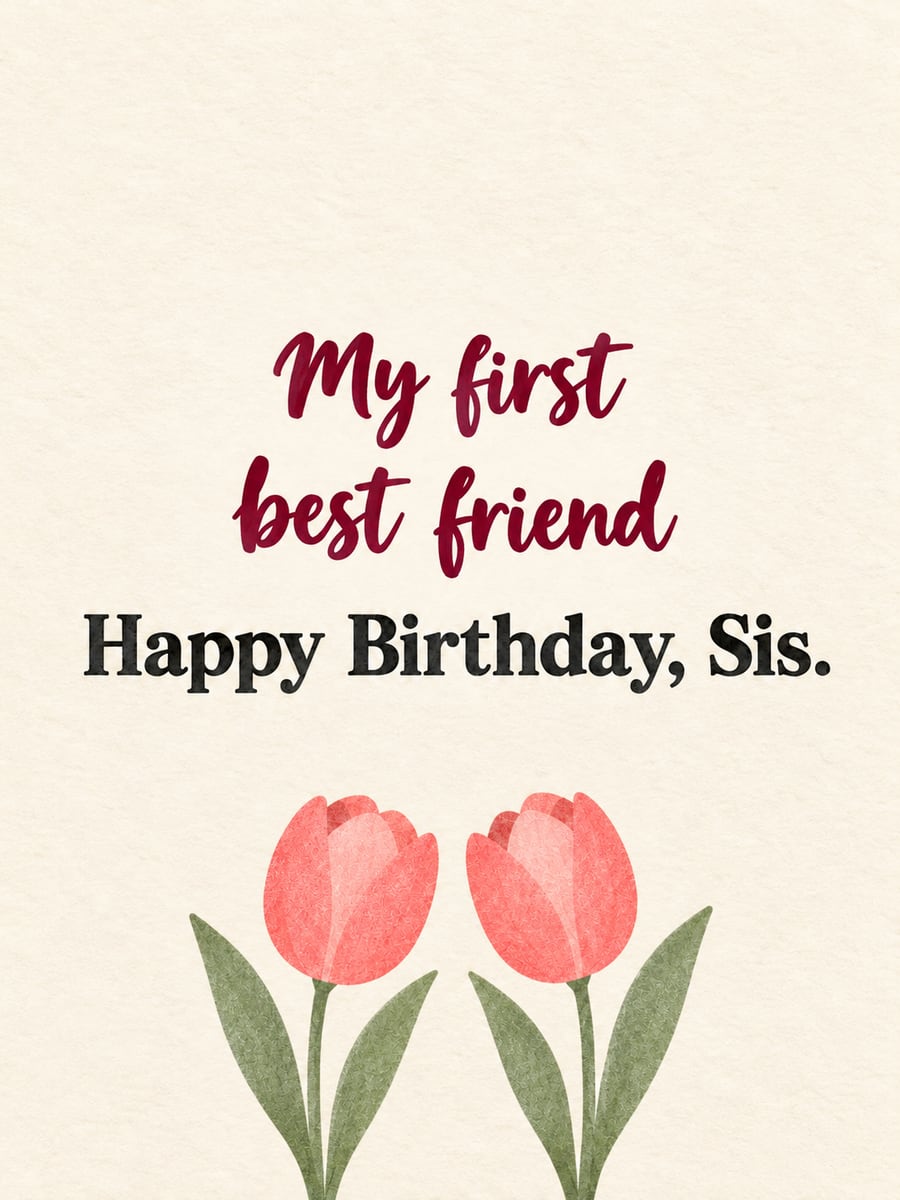 Birthday greeting image: two coral pink tulips. It says “My first best friend” and “Happy Birthday, Sis.”