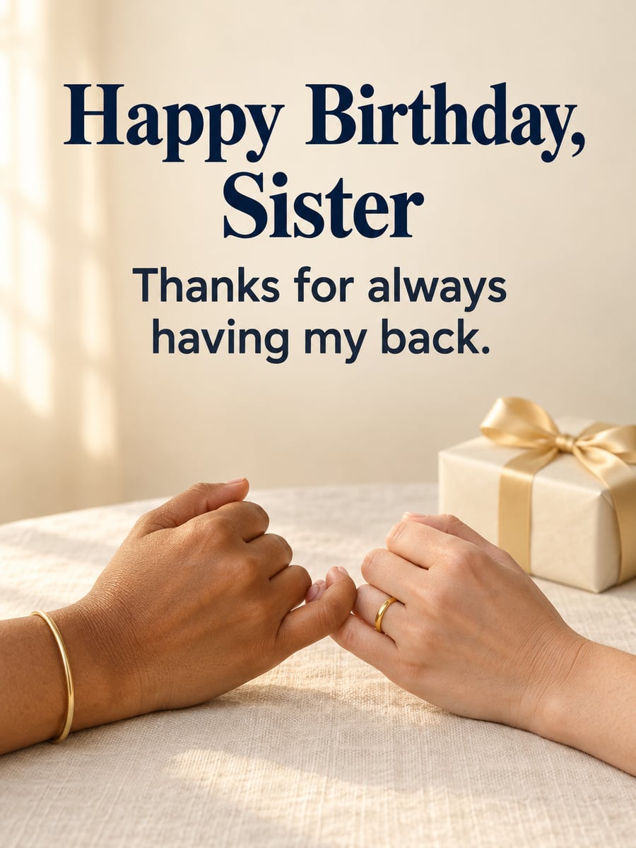 Birthday greeting image: two hands with little fingers linked, small ivory gift. It says “Happy Birthday, Sister” and “Thanks for always having my back.”