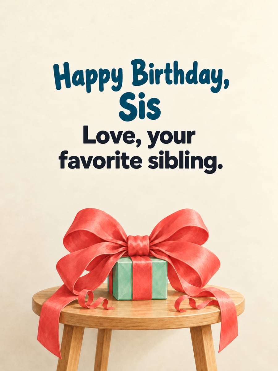 Birthday greeting image: small mint gift box with an oversized coral bow, wooden stool. It says “Happy Birthday, Sis” and “Love, your favorite sibling.”
