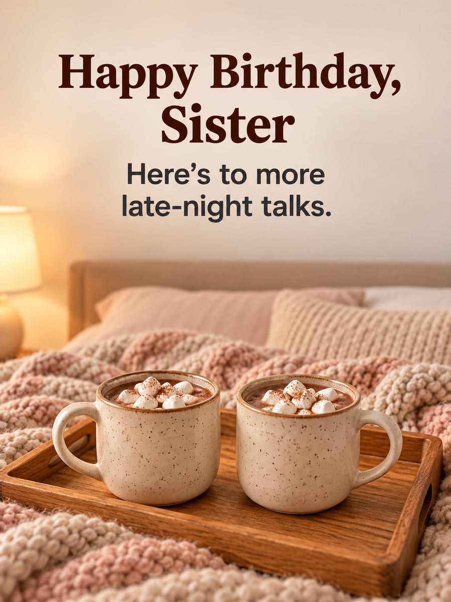 Birthday greeting image: two mugs of hot cocoa with marshmallows on a tray, knit blanket. It says “Happy Birthday, Sister” and “Here’s to more late-night talks.”