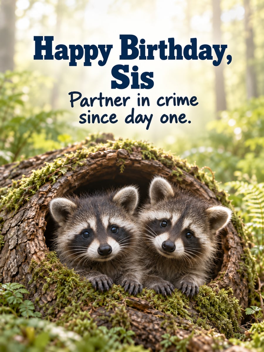 Birthday greeting image: two raccoon kits peeking out of a hollow log. It says “Happy Birthday, Sis” and “Partner in crime since day one.”