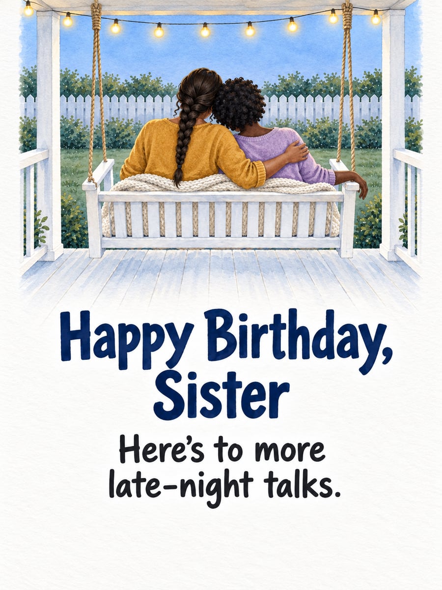 Birthday greeting image: two women sitting on a porch swing, seen from behind, string lights, white picket fence. It says “Happy Birthday, Sister” and “Here’s to more late-night talks.”