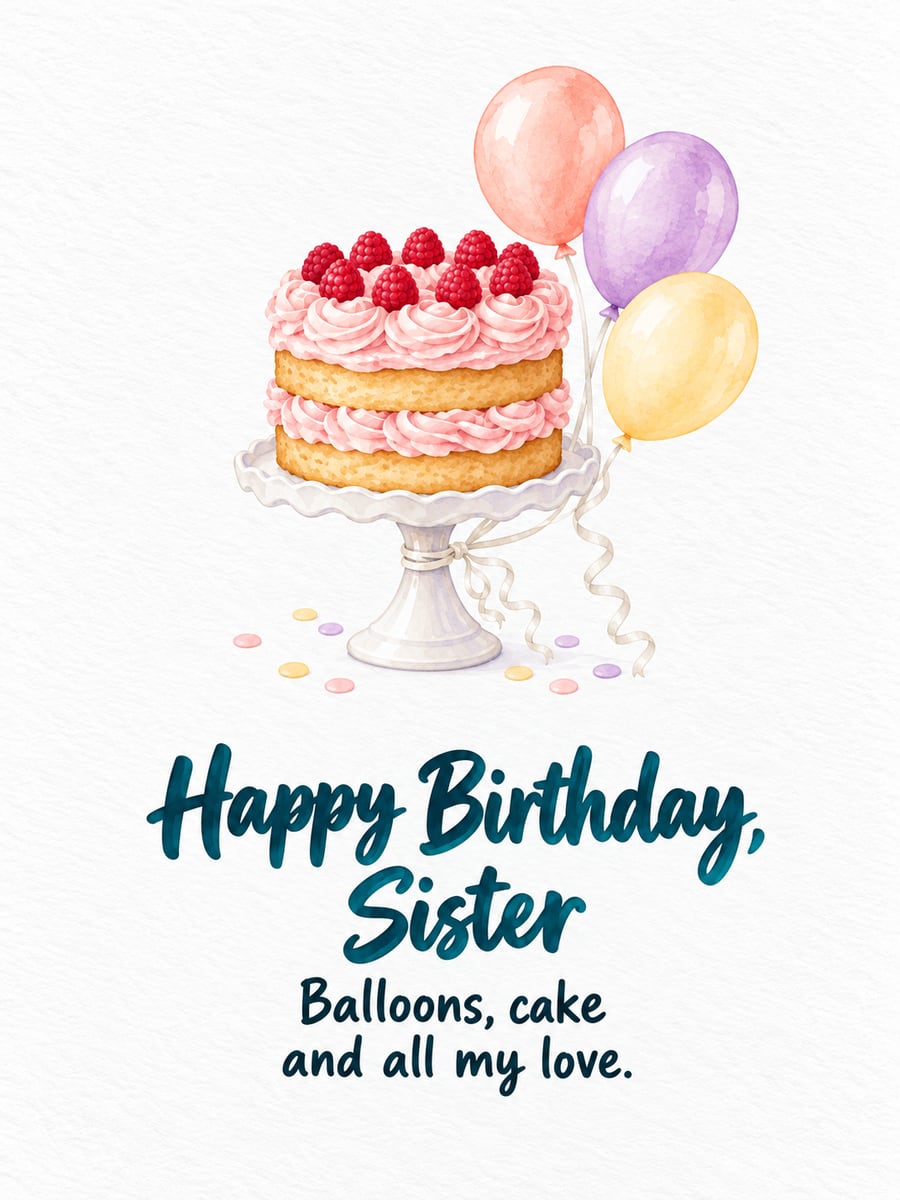 Birthday greeting image: vanilla layer cake with pink frosting and raspberries, three balloons. It says “Happy Birthday, Sister” and “Balloons, cake and all my love.”
