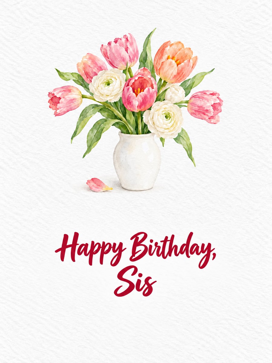Birthday greeting image: watercolor pink tulips and white ranunculus in a white vase. It says “Happy Birthday, Sis”