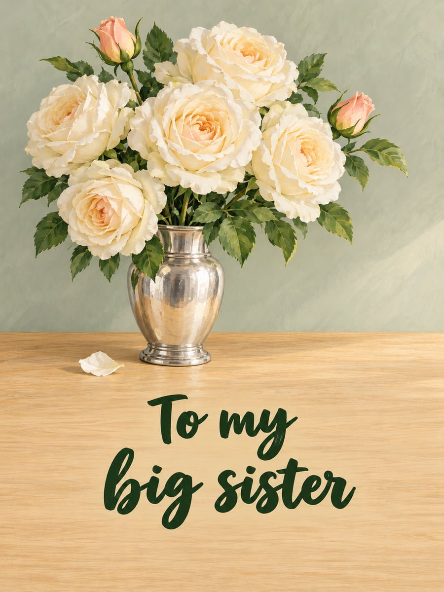 Birthday greeting image: white garden roses in a silver vase, light wooden table. It says “To my big sister”
