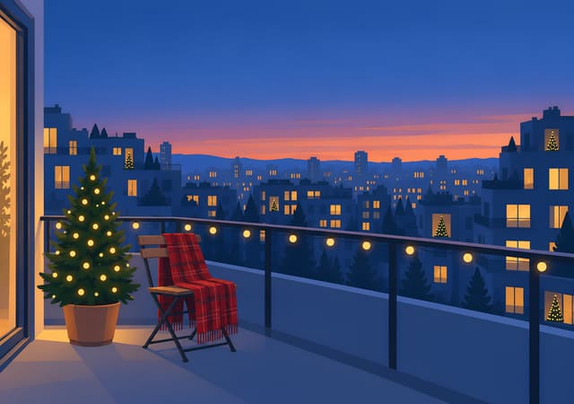 ベランダのクリスマスツリーと夕暮れの街（iPhone Duo の内側の画面用壁紙、文字なし）