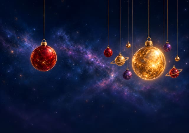 惑星のように並ぶクリスマスオーナメント（iPhone Duo の内側の画面用壁紙、文字なし）