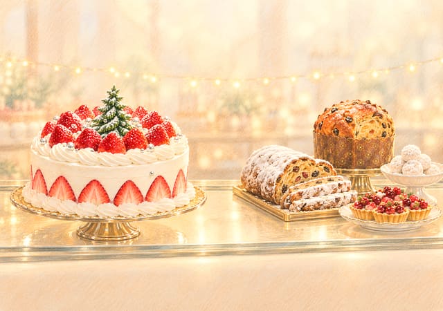 いちごのクリスマスケーキと聖夜の焼き菓子（iPhone Duo の内側の画面用壁紙、文字なし）