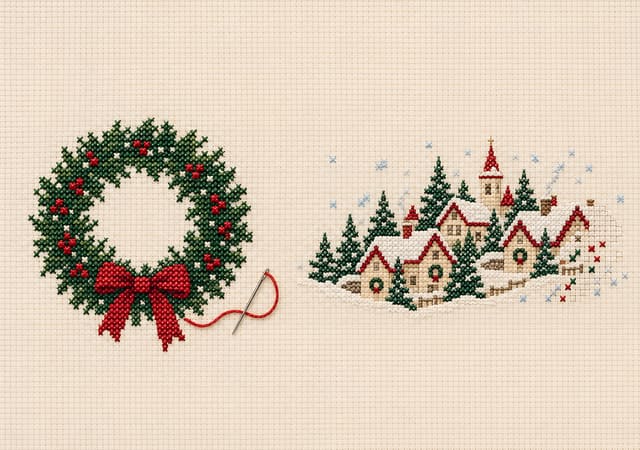 クロスステッチのクリスマスリースと雪の町（iPhone Duo の内側の画面用壁紙、文字なし）