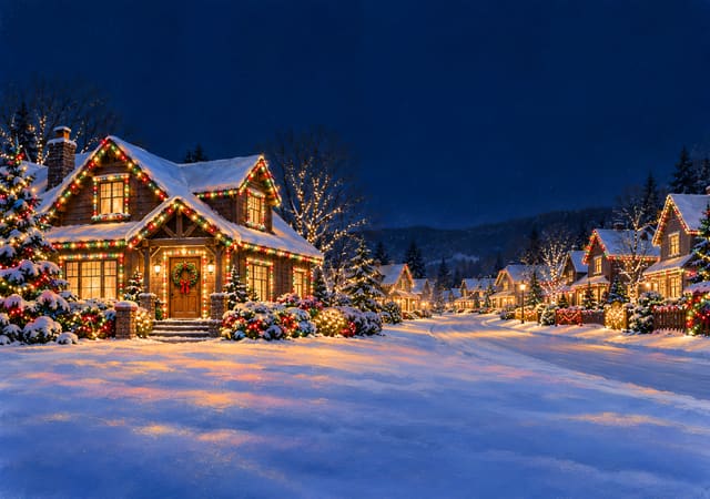 クリスマスの電飾に包まれた雪の住宅街（iPhone Duo の内側の画面用壁紙、文字なし）